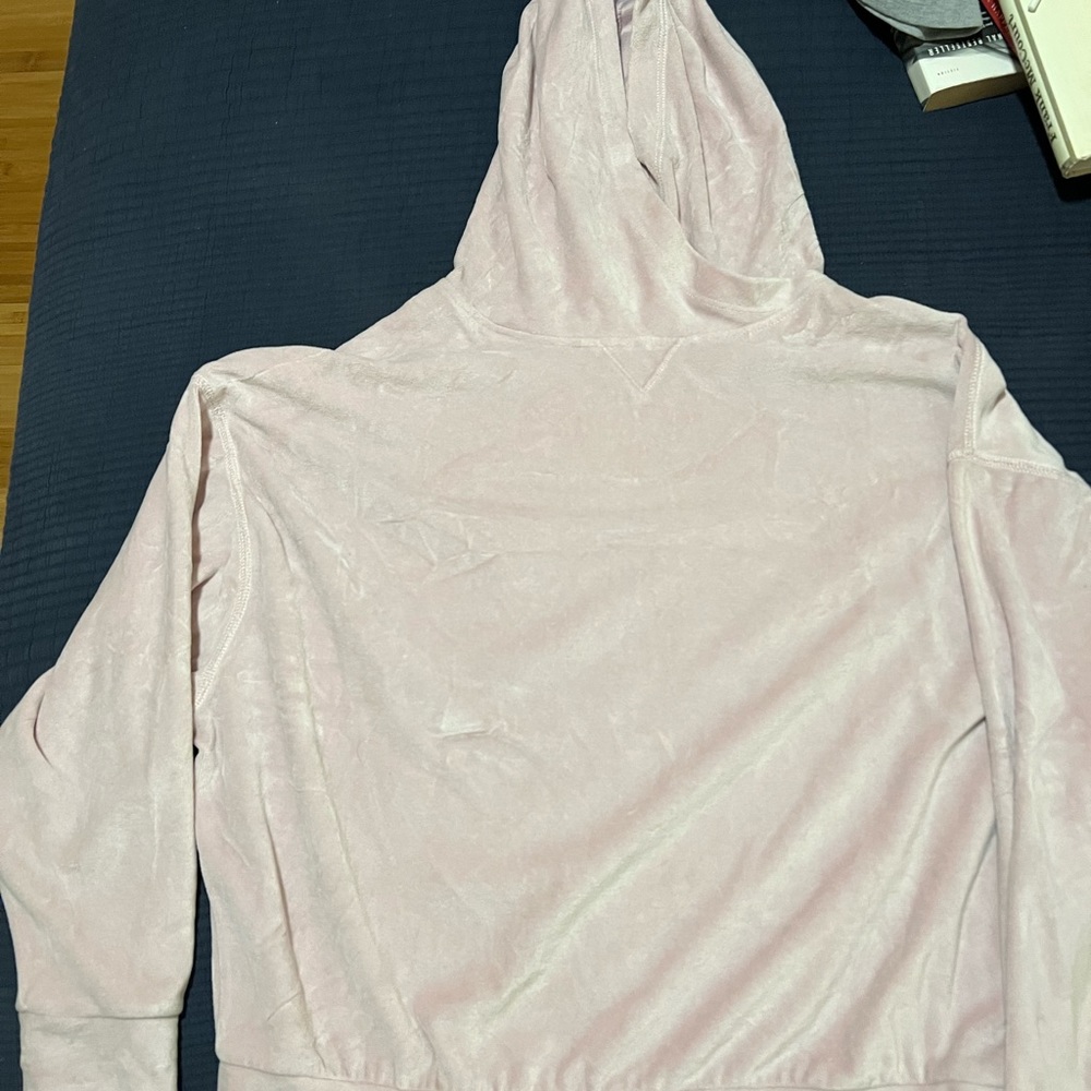 Blush pink velour cross neck hoodie sweatshirt
